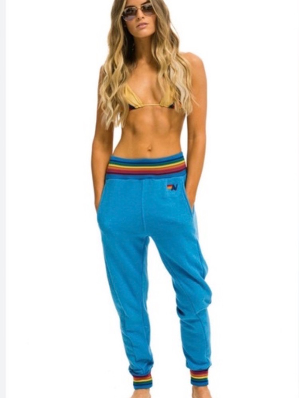 Aviator Nation Blue Joggers with Rainbow Trim